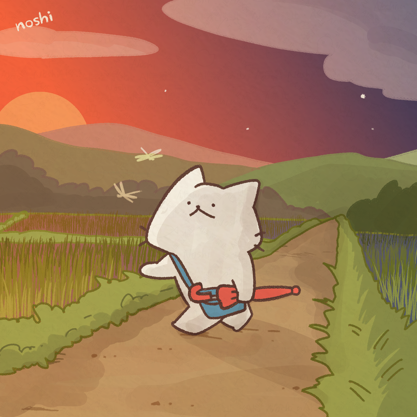夕焼けの田んぼ道を歩くしろにゃん