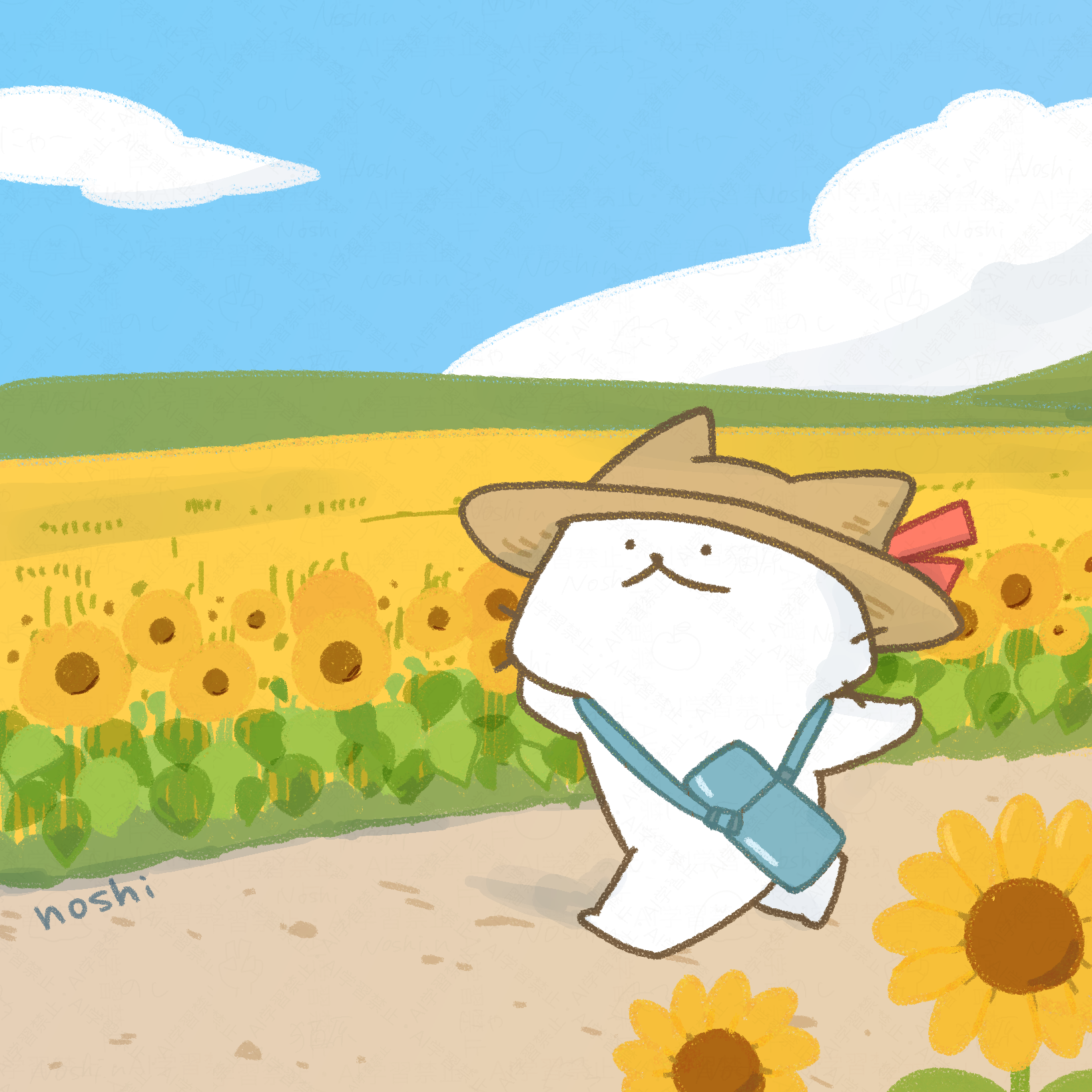 ひまわり畑を歩くしろにゃん