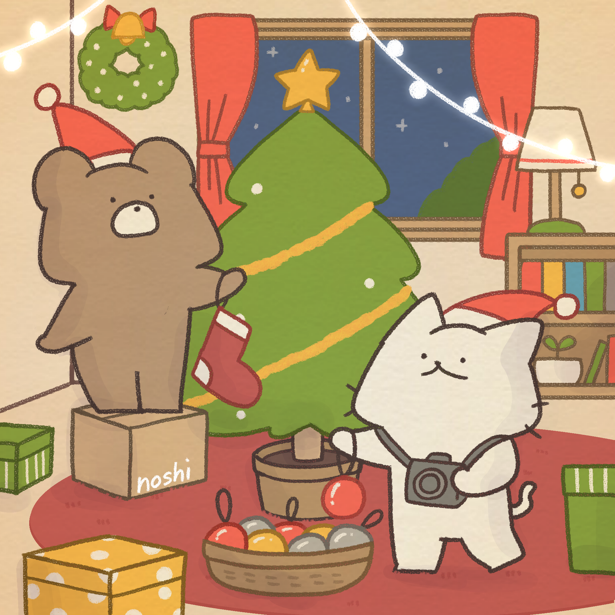 仲間とクリスマスの準備をするしろにゃん