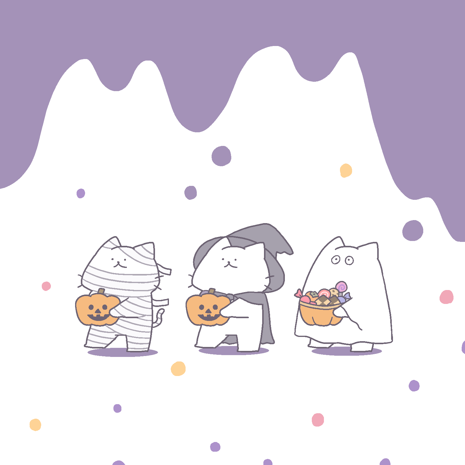 ハロウィンの仮装をして歩くしろにゃんたち
