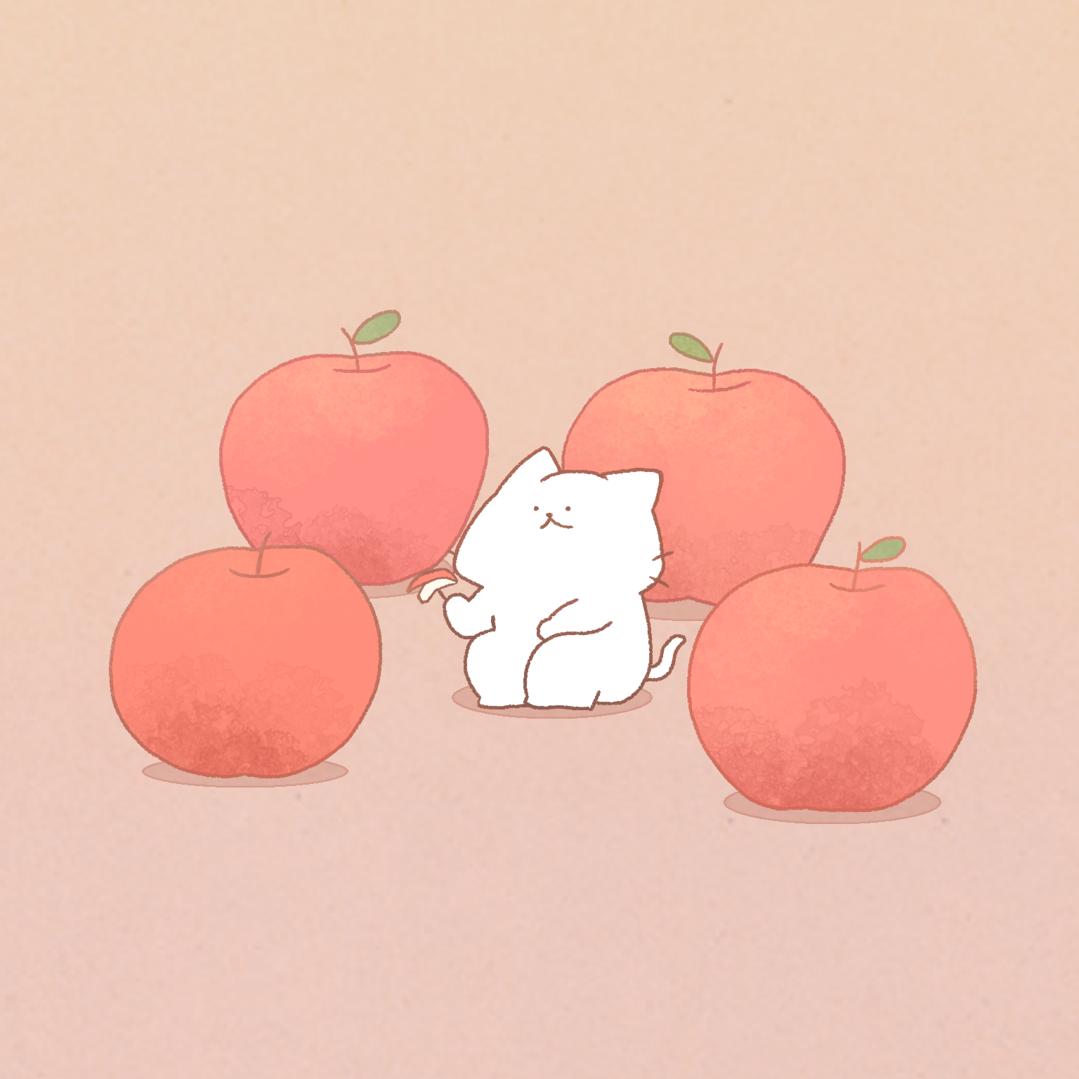 大きなりんごに囲まれたりんごを持つしろにゃん