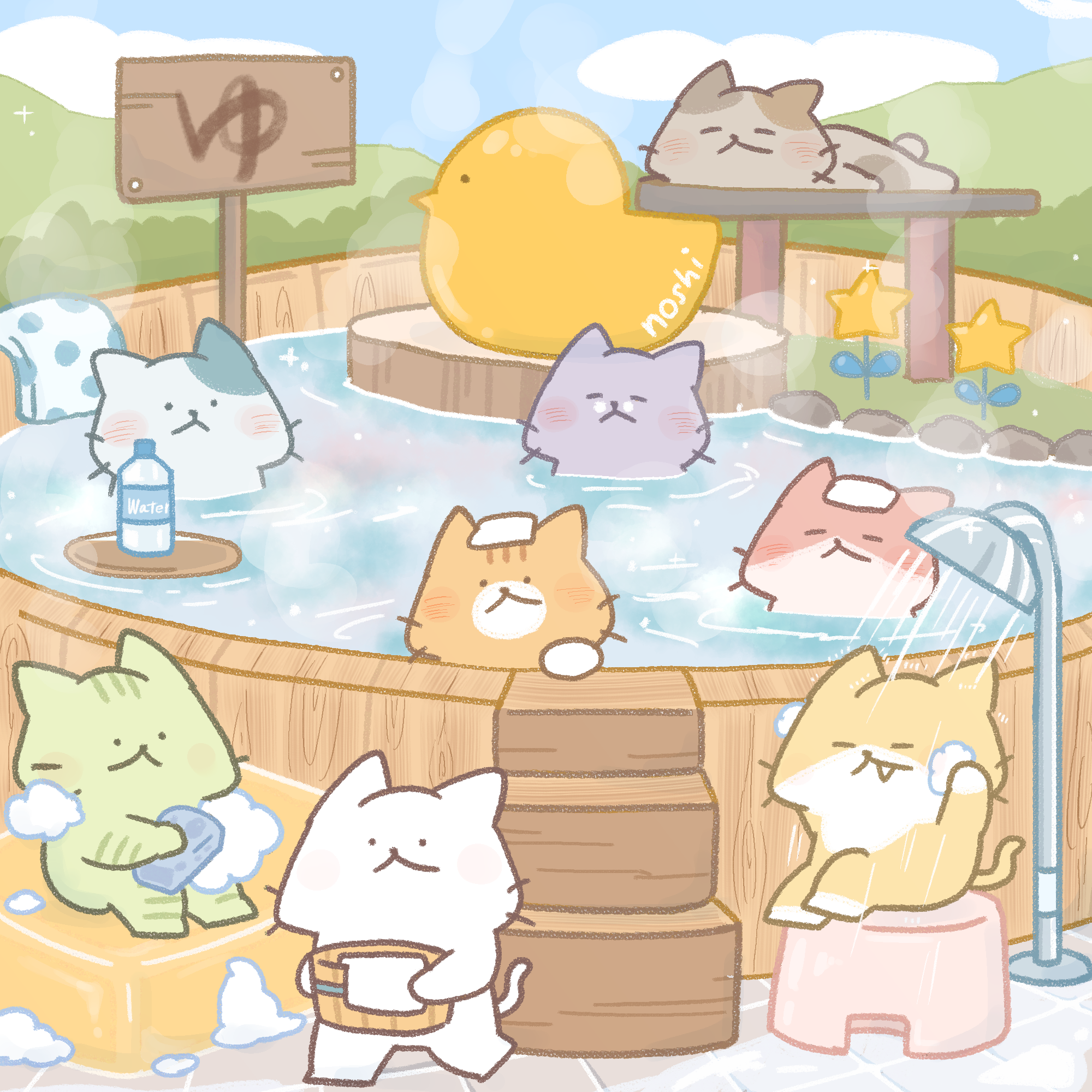 仲間たちと温泉を楽しむしろにゃん