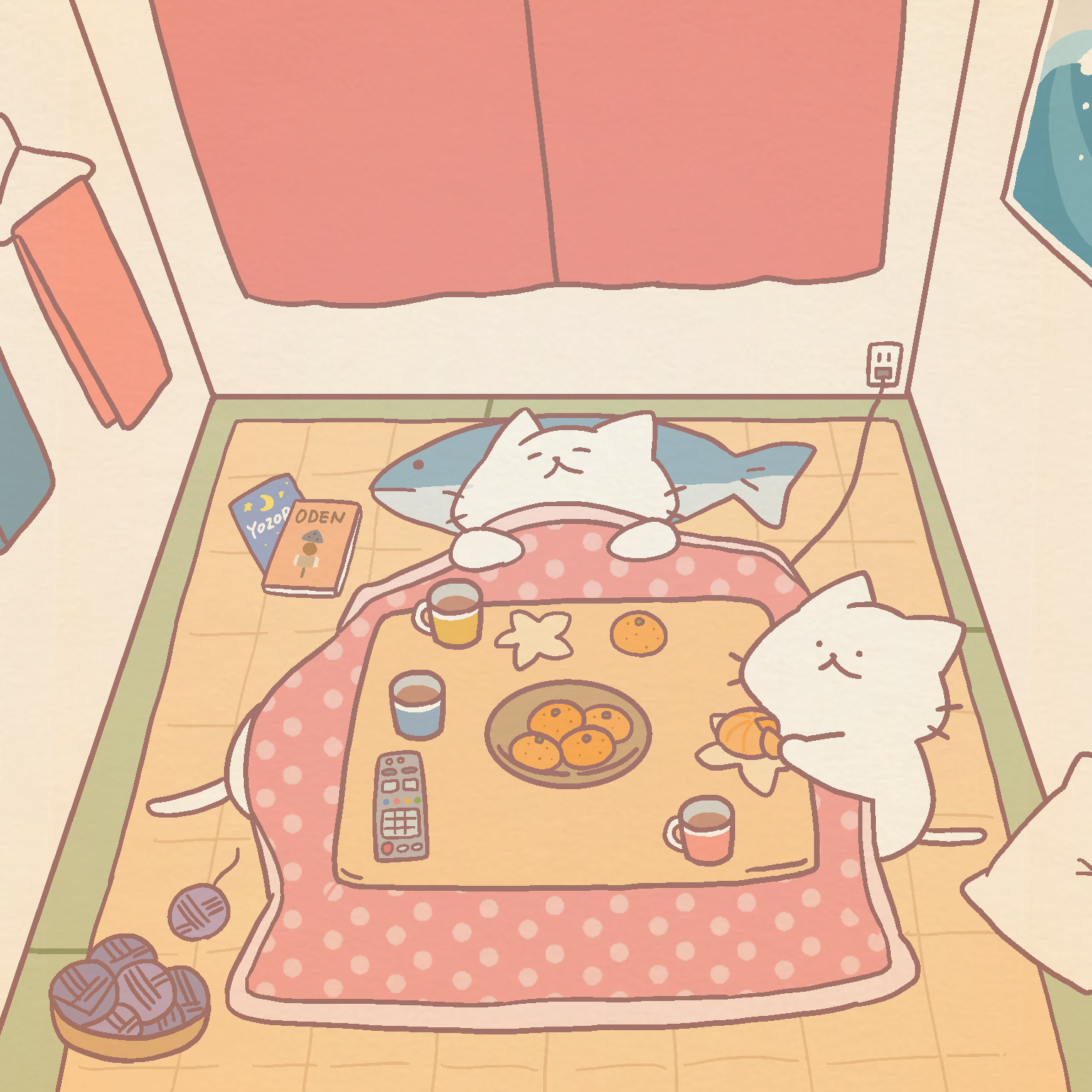 こたつで仲間とみかんを食べて過ごすしろにゃん