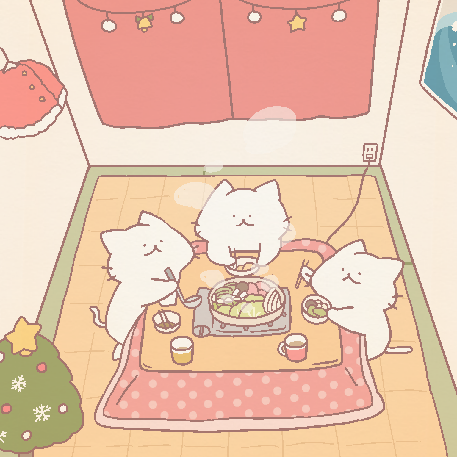 仲間とこたつを囲んで鍋を食べるしろにゃん