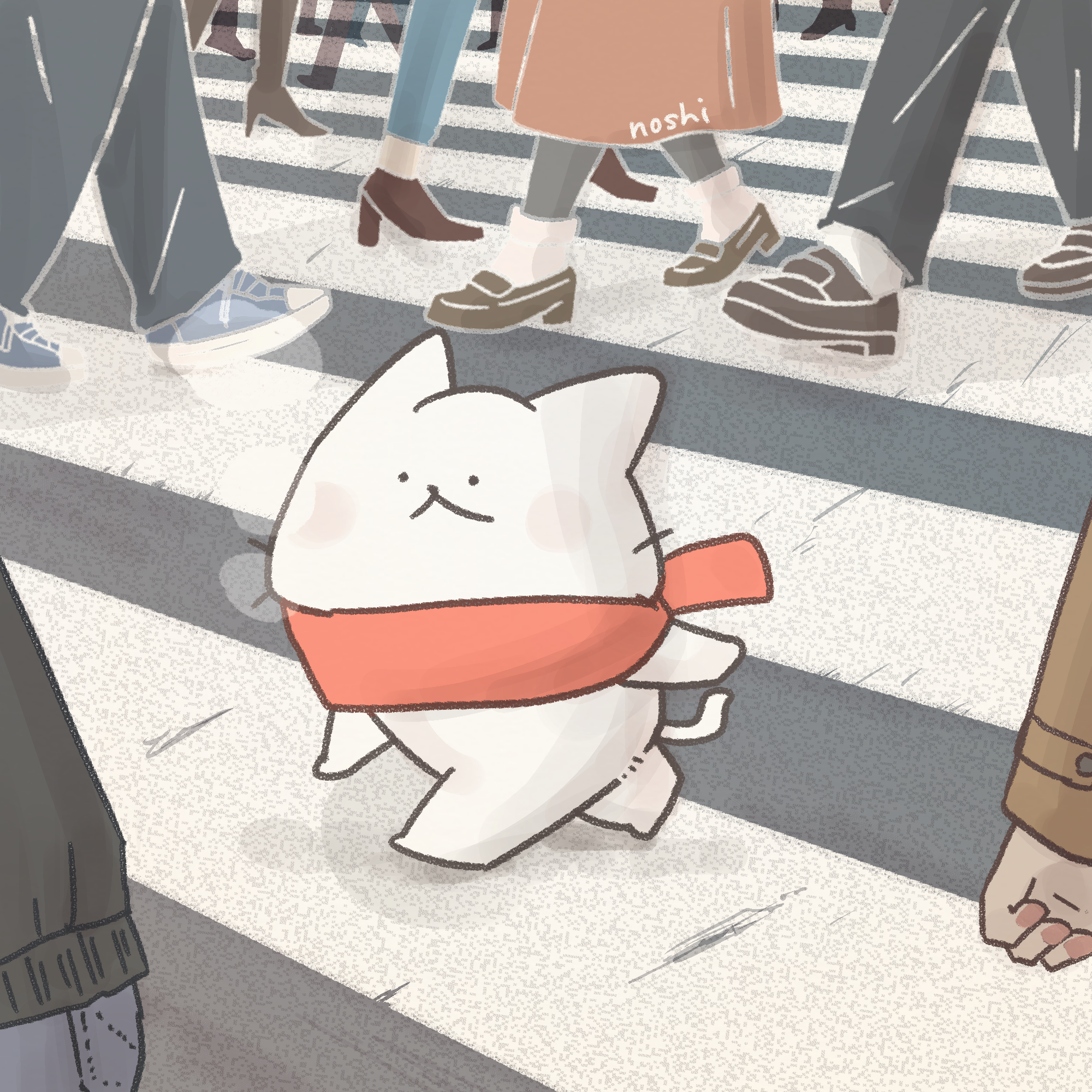 人々の間を一緒に歩くしろにゃん