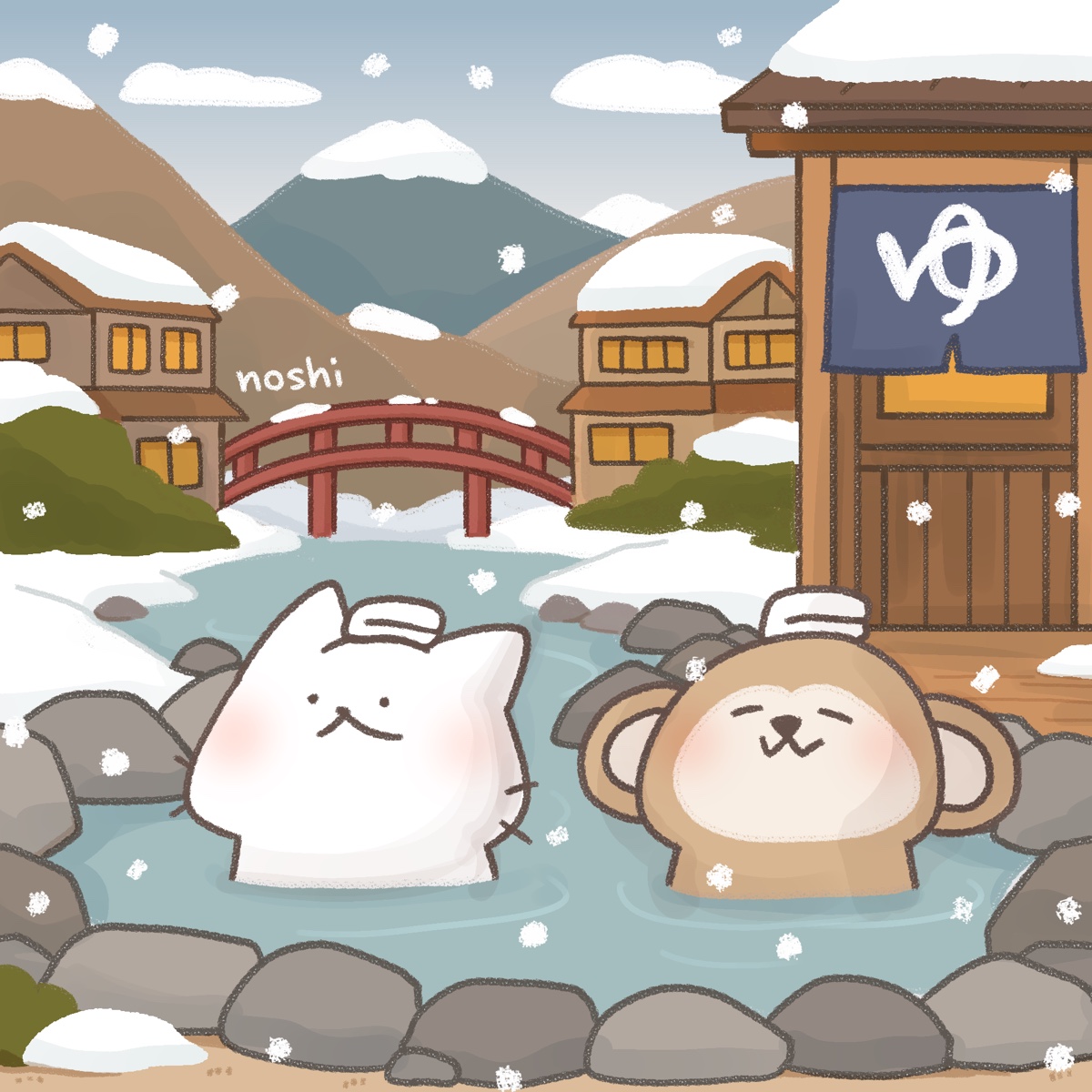 猫原のしオリジナルカレンダーの温泉イラスト